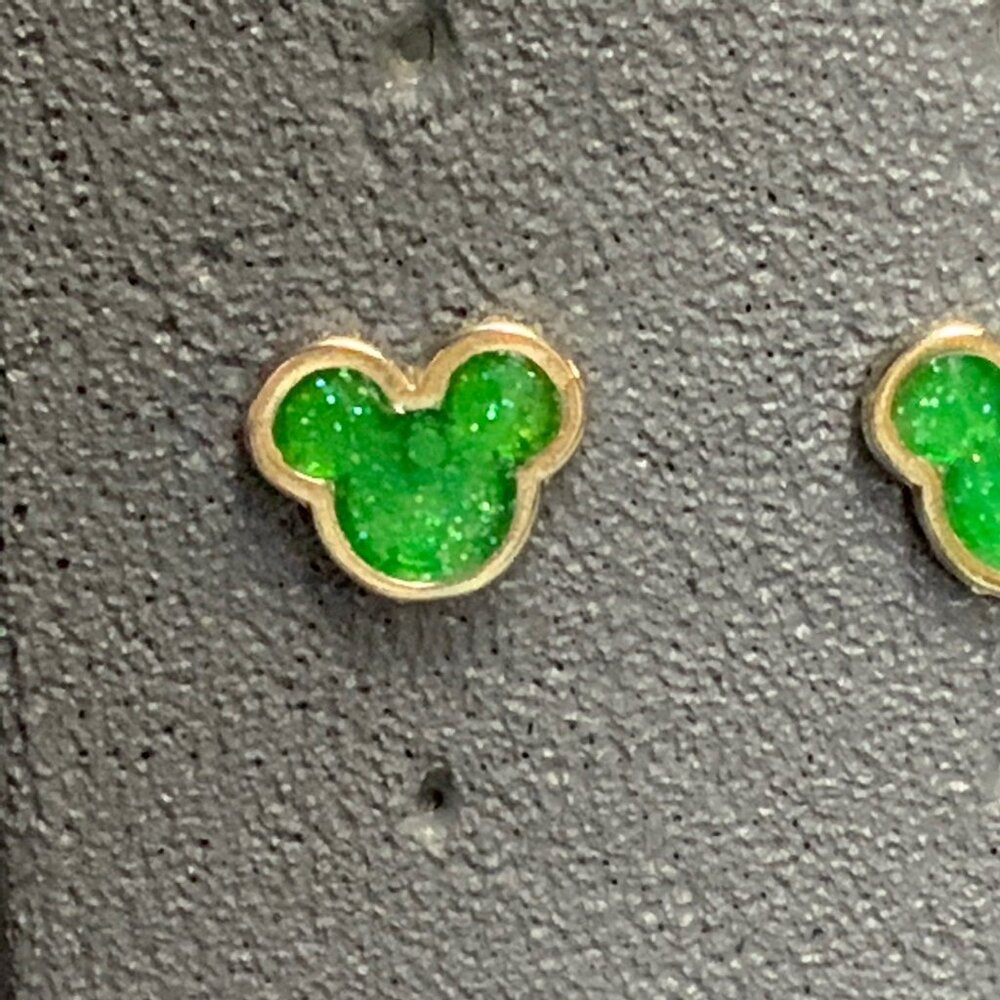 Disney Pierced Stud Earrings 0.5 In Mickey Mouse Ears Silver Green Sparkly Glam - Picture 2 of 6